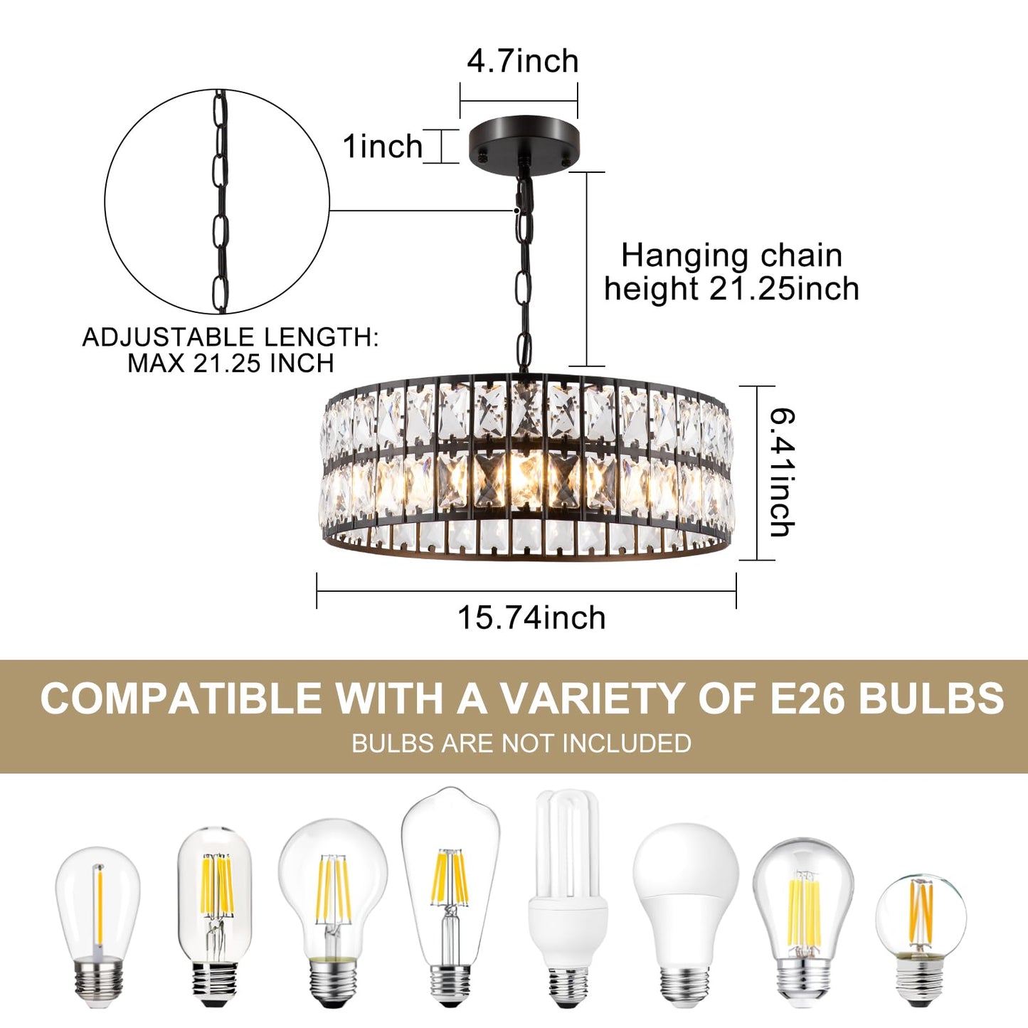 ZorpOrigin Black Crystal Chandelier, 16 Inch 3-Light Dining Room Fixture