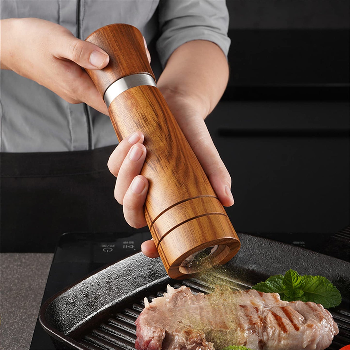 Ninefish Wooden Salt and Pepper Grinder Kit,Wood pepper mill,8-inch manual Teak Wooden Salt and Pepper Shakers, Pepper and salt grinders are combined with Wooden Stand Holder Tray and Wooden Spoon