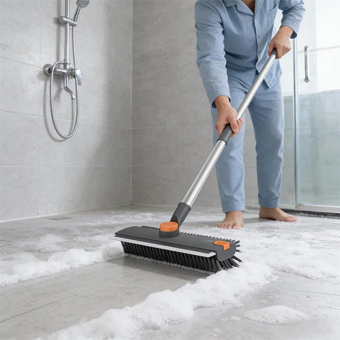 Floor Scrub V Brush with Long Handle 4 in 1 Silicone Scrape and Stiff Bristle
