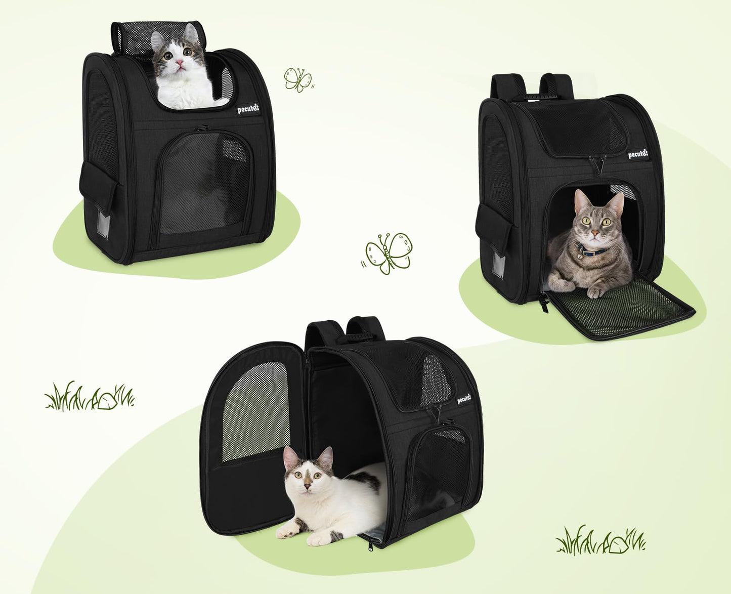 pecute Cat Carrier Dog Backpack, Portable Breathable Cat Backpack with Front Opening, Mesh Window and Pockets, Airy Space Great For Carrying Puppy Dogs Cats to Travel, Black