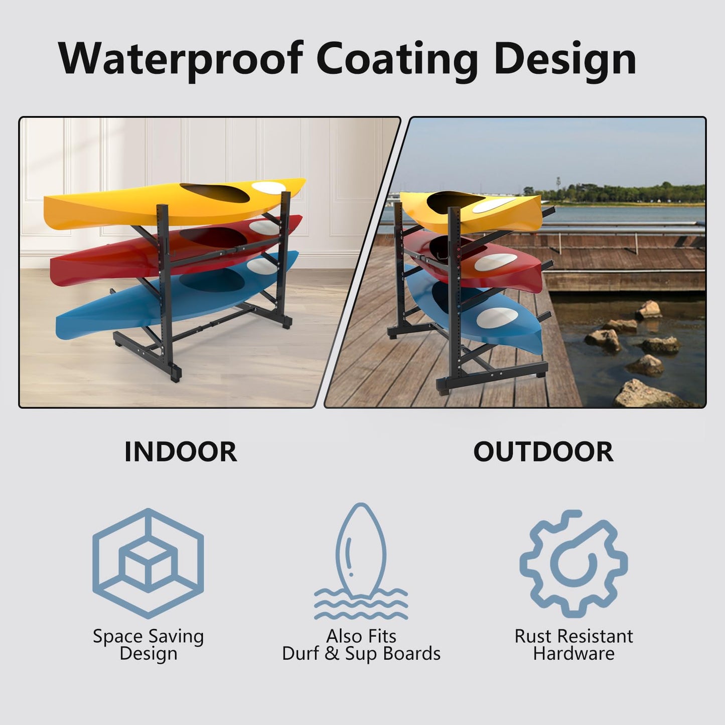 Freestanding Kayak Stand,One-Sided Kayak and Canoe Rack,Heavy Duty Adjustable Kayak Storage Rack,Sup Outdoor Storage Rack,Weatherproof Stand for Indoor, Garage, Shed, Dock Kayak Storage (3 Levels)