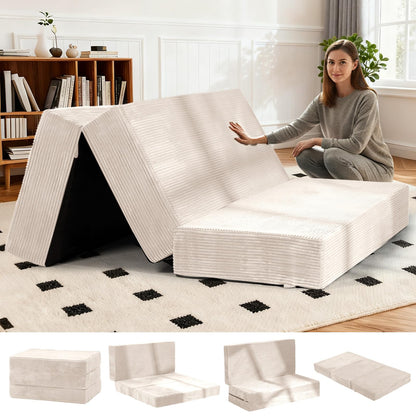 6-Inch Tri-Fold Foldable Mattress, Folding Sofa Bed with Removable Washable Cover, Portable Futon Mattress Full Size Floor Guest Mat with Non-Slip Bottom & Carry Handles for Camping (Beige, Queen)