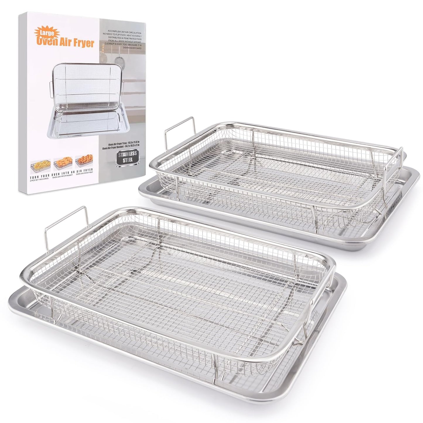 Air Fryer Basket for Oven 15.7"x11.8", 2-Pair Set Large Air Fryer Basket and Tray Stainless Steel Oven Air Fryer Accessories Pan Rack for Cooking Baking and Broiling