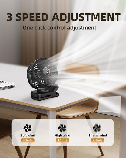 TUNISE Mini Clip on Fan, Battery Operated Desk Fan, Digital display，3 Speeds Adjustable, Bidirectional 360 ° Adjustable, Super Strong Wind, Portable Fan for Home Office Stroller Camping Black