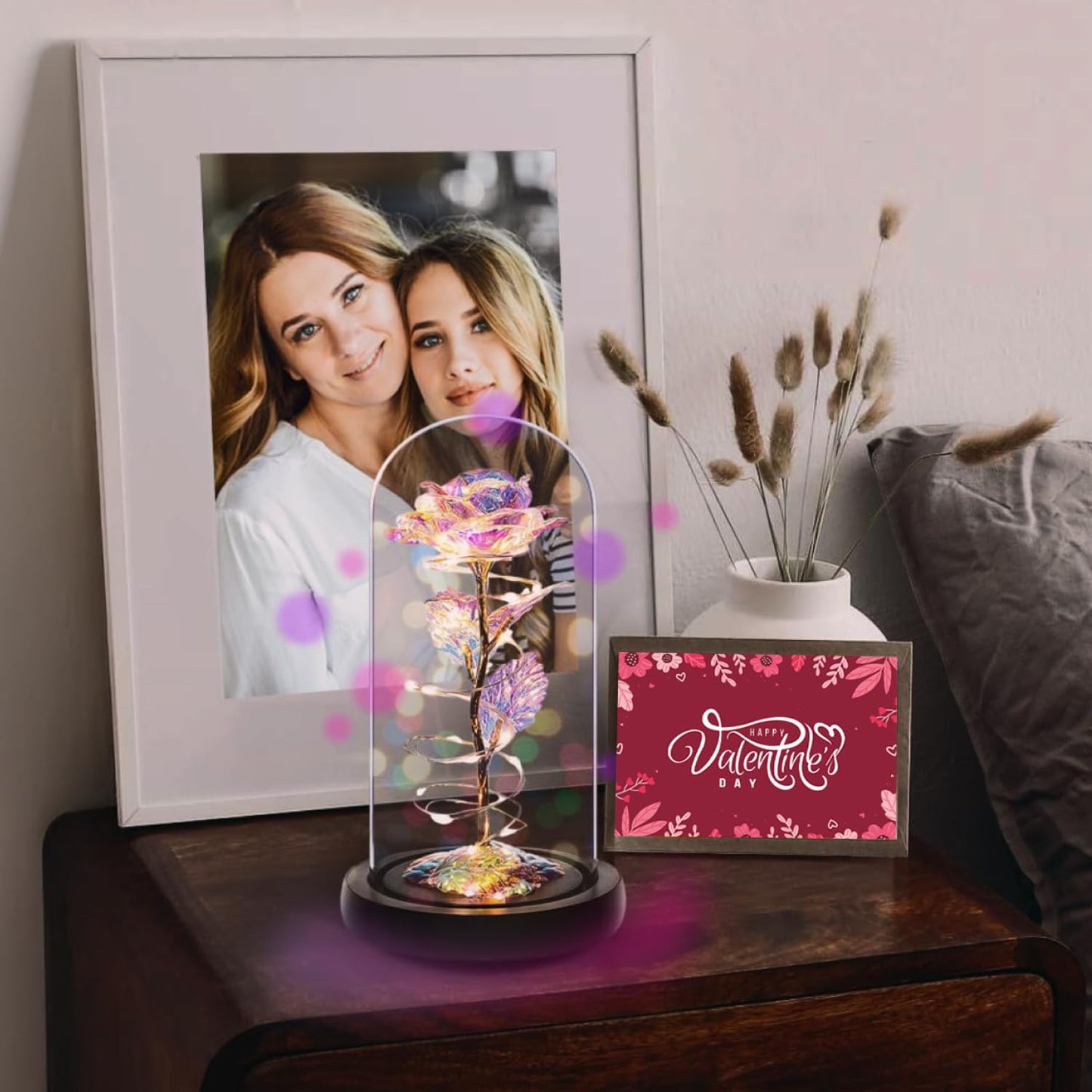 Enchanted Galaxy Rose in Glass Dome, Eternal Rainbow Rose Flower Lamp with Black Base, Unique Romantic Gifts, Girlfriend, Wife, Mother on Birthday & Anniversary, Home Decor Night Light Gift for Women