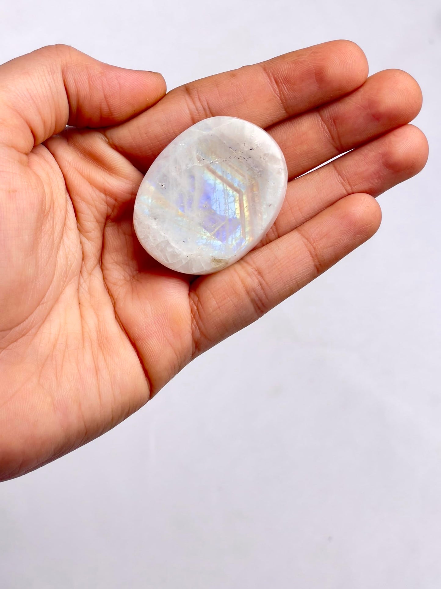 Natural Polished Thumb Palm Crystal for Meditation, Rainbow Moonstone Worry Stone for Stress Relief, Anxiety Support & Pocket Reiki Healing