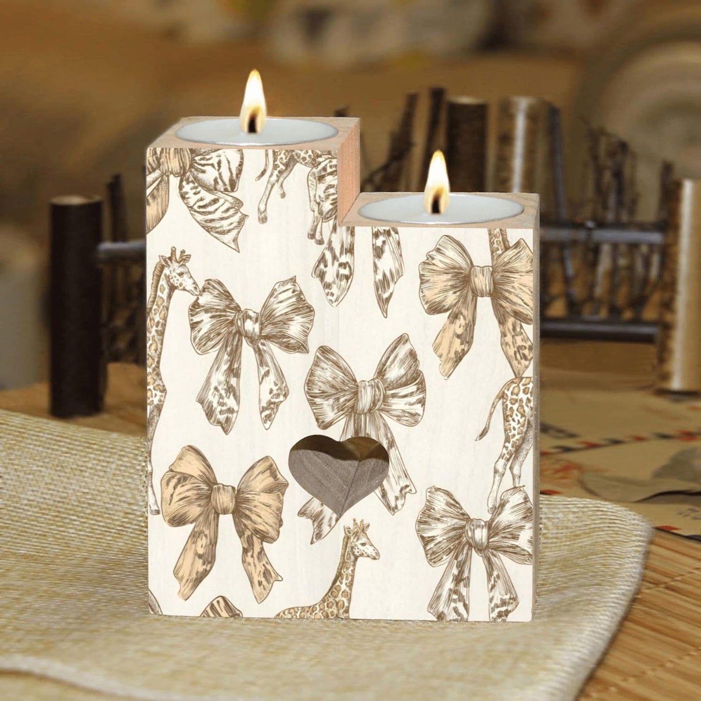 pnyoin Animal Print with Bows Candle Holders Gift for Women Wooden Heart Candlestick Personalized Christmas Birthday Graduation Friendship Gifts Home Wedding Dinning Party Decorative