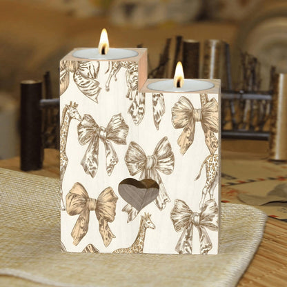 pnyoin Animal Print with Bows Candle Holders Gift for Women Wooden Heart Candlestick Personalized Christmas Birthday Graduation Friendship Gifts Home Wedding Dinning Party Decorative