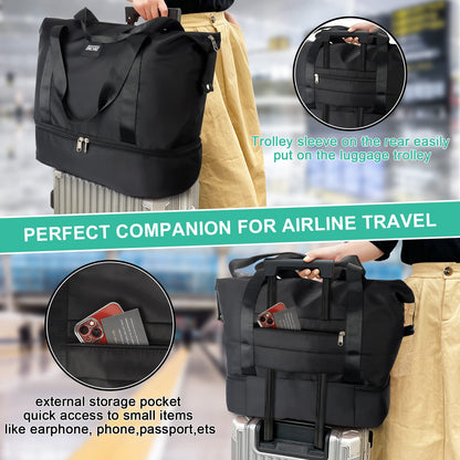 Sports Bag, Foldable Travel Bag with Shoe Compartment and Wet Compartment, CS COSDDI Water-Repellent Weekender Gym Travel Bag, Hand Luggage Bag, Training Bag for Men and Women, A1 Black, Reisetasche