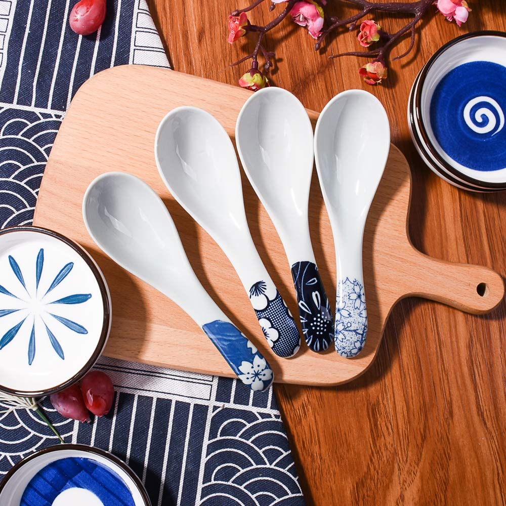 Japanese Soup Spoons set of 4, Blue and White Series Color Spoon for Soup Broth