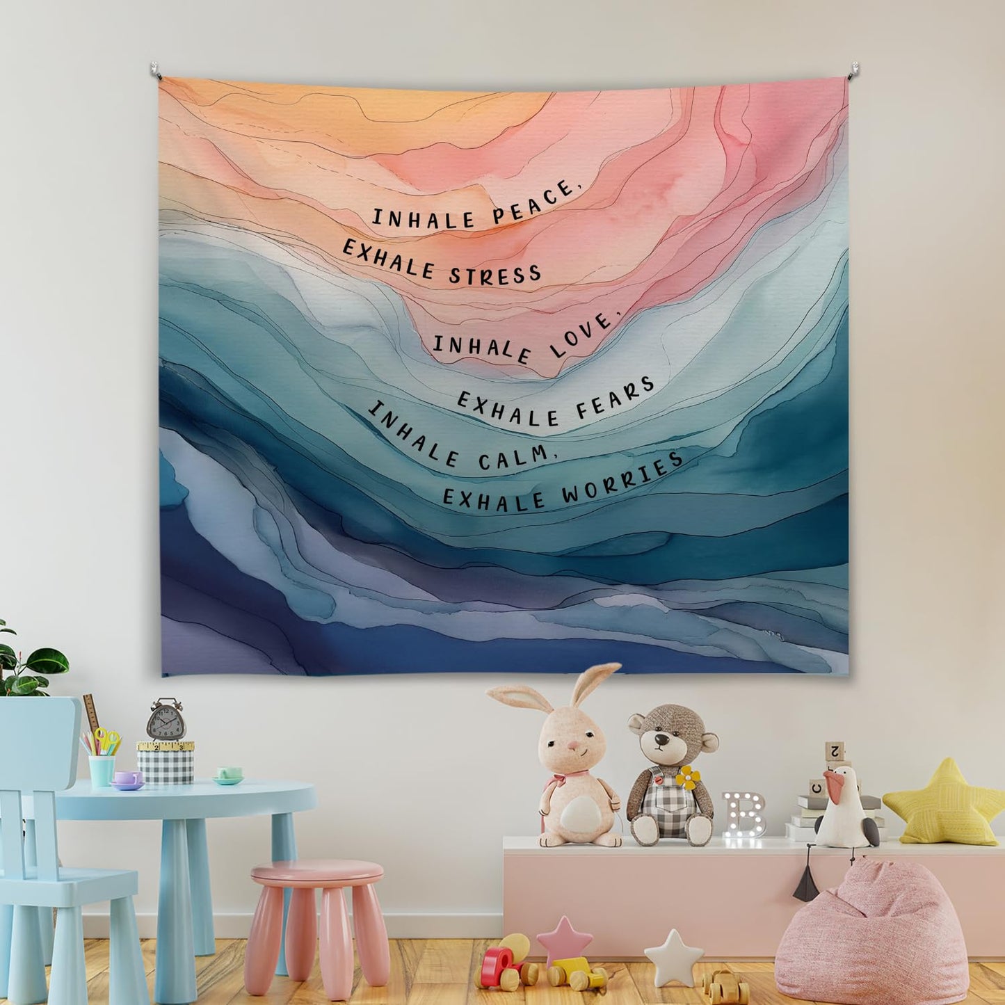 Forola Inhale Exhale Tapestry, Mental Health Wall Hanging Decor, Inhale Exhale Psychology and Mindfulness Tapestry Backdrop for Bedroom, Home School, Dorm, Yoga Studio and Therapy Office (Blue-Peace)
