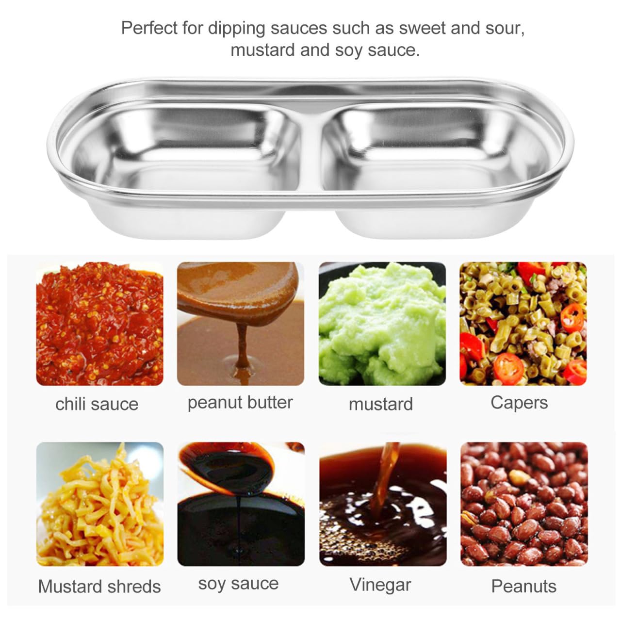 Hemoton 3Pcs Stainless Steel Seasoning Dishes,2 Grid Dipping Sauce Dishes Rectangle,Appetizer Plates,Dipping Sauce Bowl for Soy Vinegar BBQ-Chip and Condiments