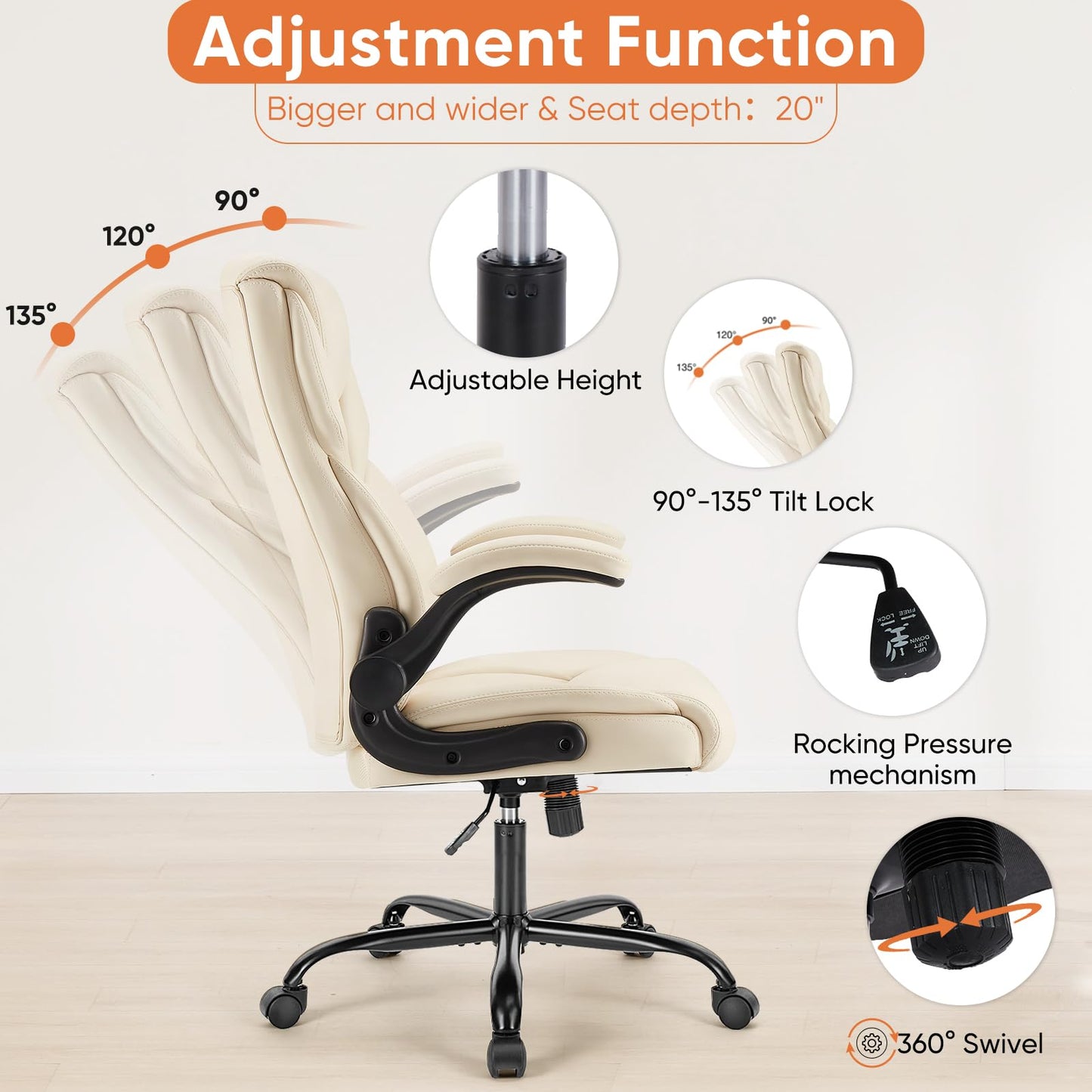 Sweetcrispy Computer Gaming Chair, Ergonomic High Back Heavy Duty Task Desk Office Chairs with Wheels, Flip-up Arms, Adjustable Height, PU Leather, Cream