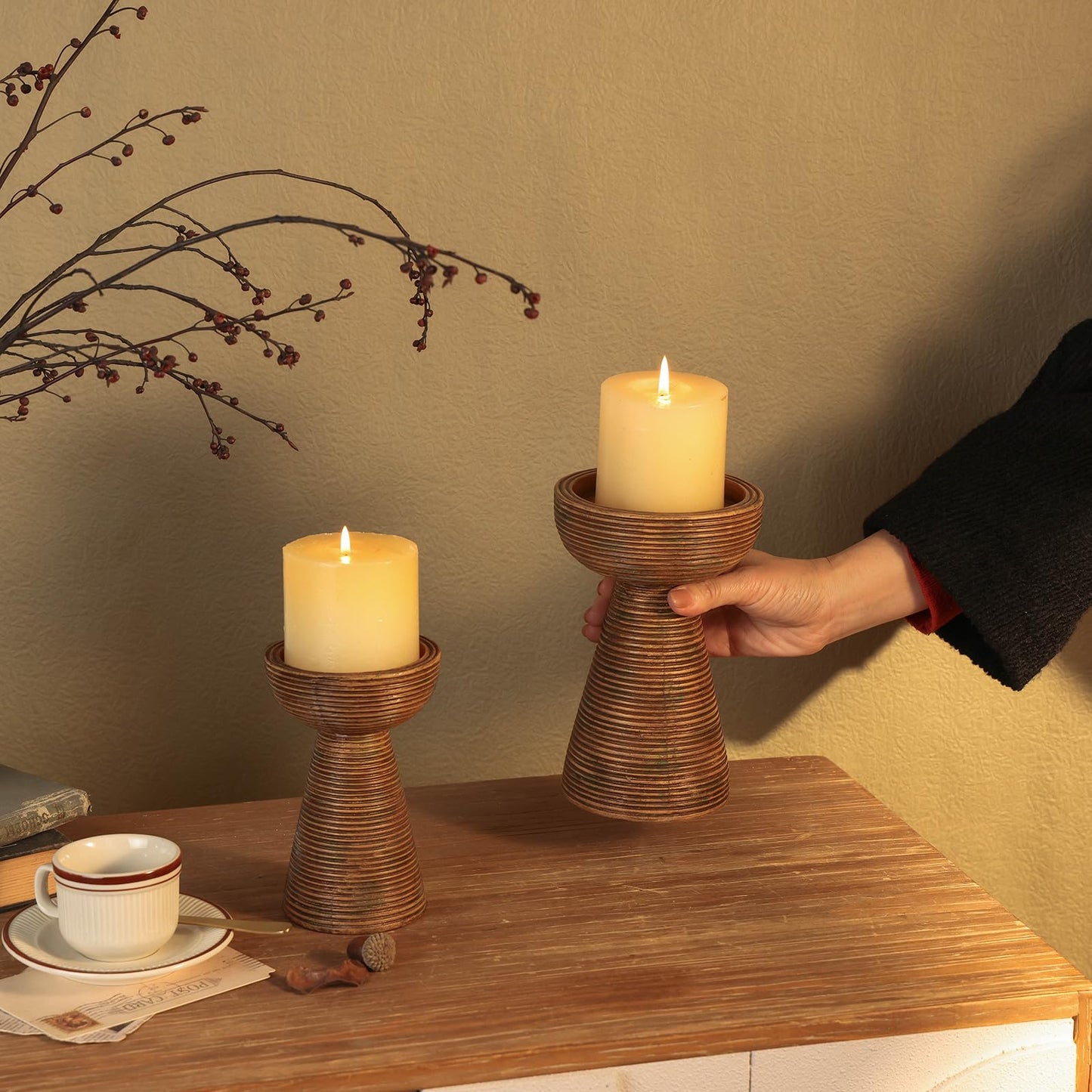 NIKKY HOME Modern Farmhouse Pillar Candle Holders Set of 2, Brown