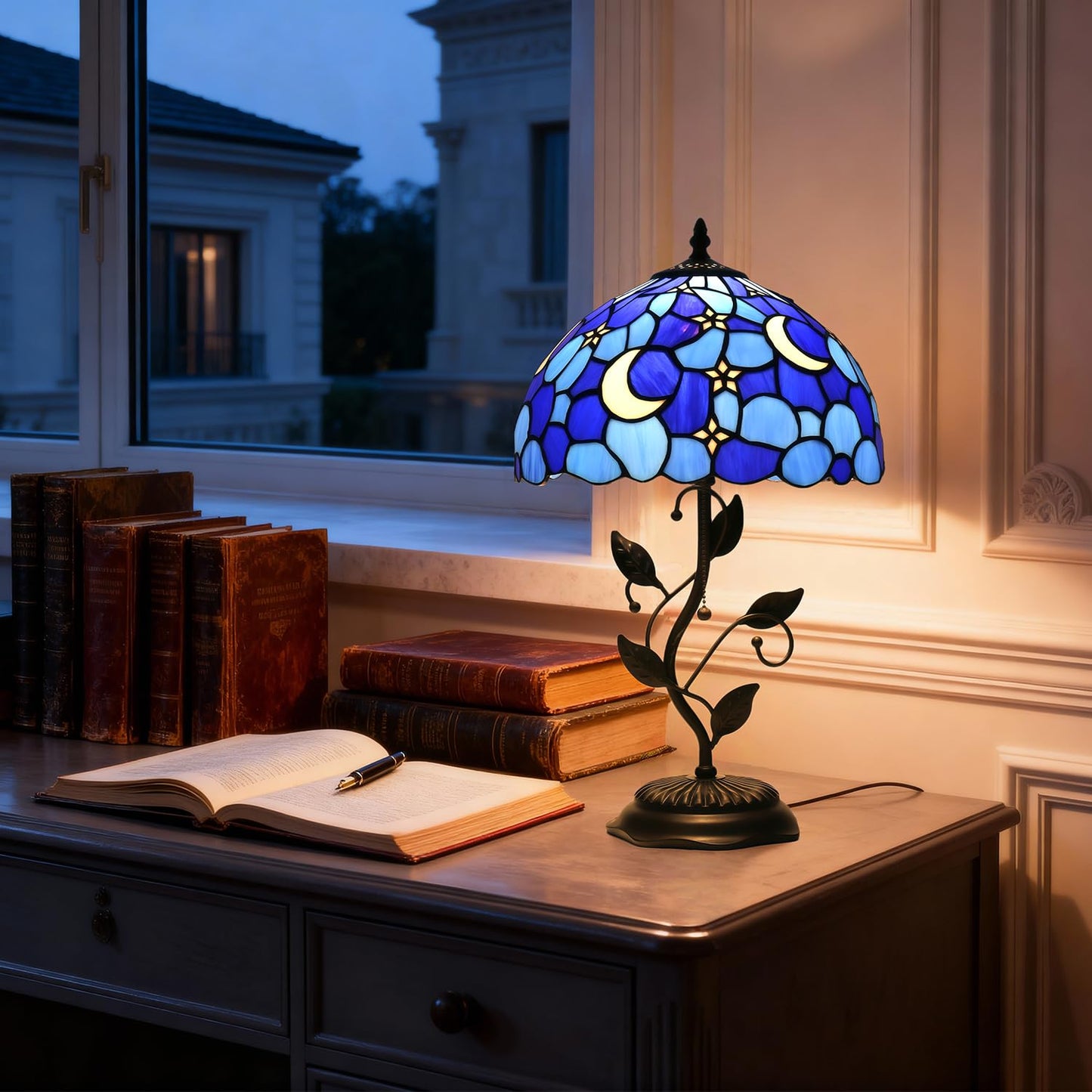 TFNTCYG Tiffany Style Table Lamp,Stained Glass Moon Table Lamp,12X12X19 Inch Reading Light, Metal Leaf Base Antique Glass Desk Decor Lamp.