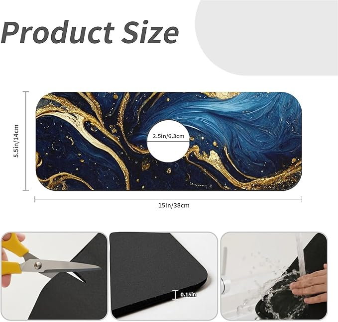 Kitchen Sink Splash Guard，Blue and gold marble texture Faucet Mat Sink