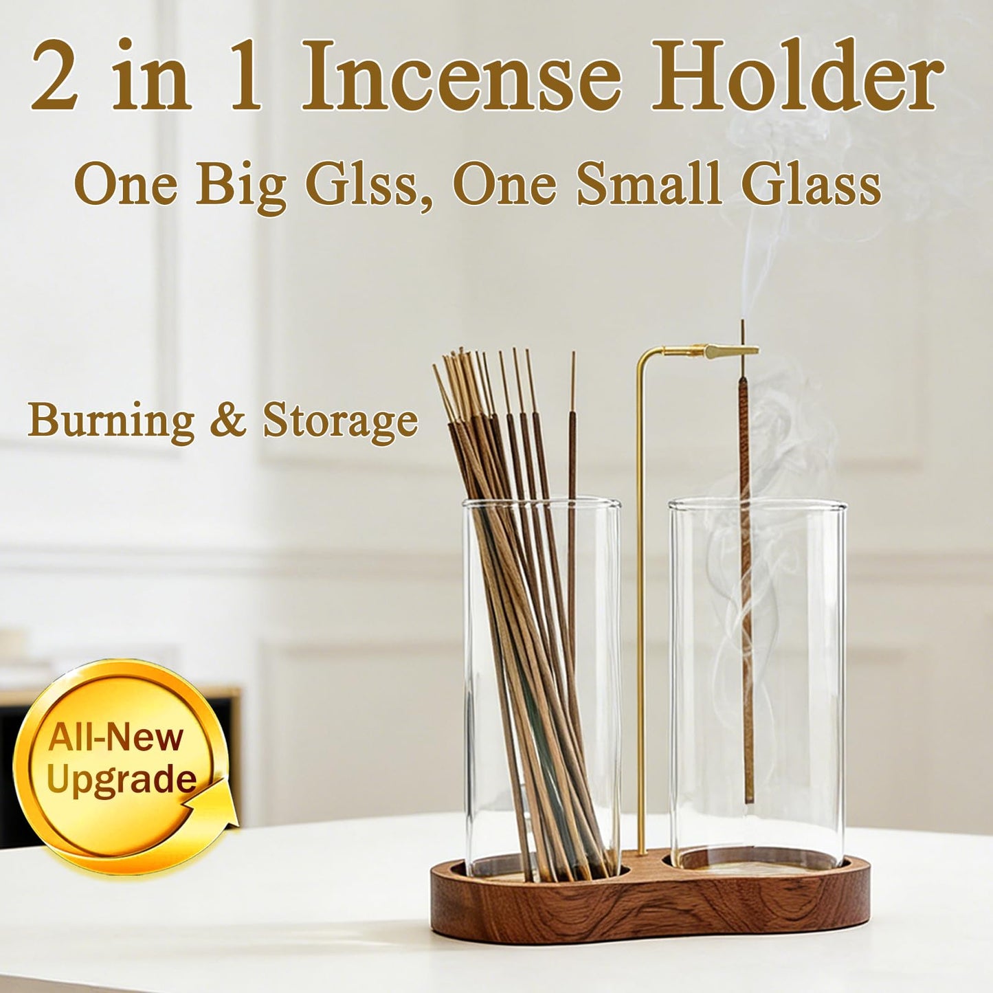 Ceremony Incense Holder, 2 in 1 Wooden Incense Holder for Sticks, Anti-ash Incense Burner with Glass Ash Catcher for Meditation Yoga Spa Room Decor