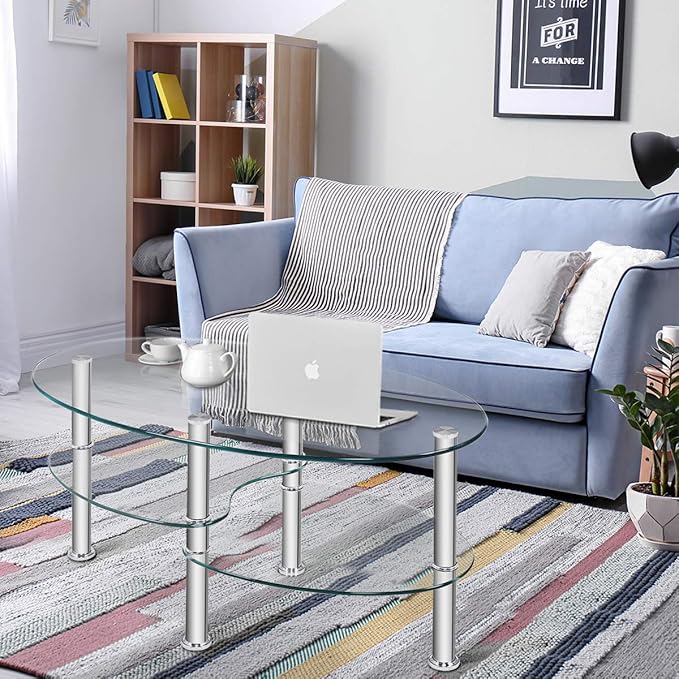 Tangkula Glass Coffee Table, Modern Furniture Decor 2-Tier Modern Oval Smooth