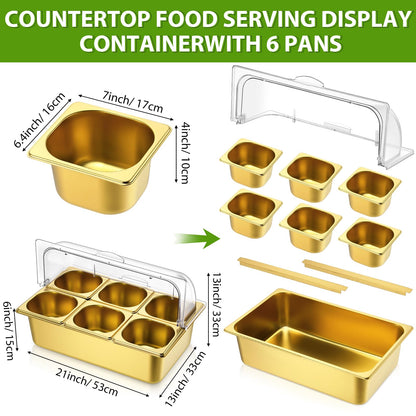 Ziliny Countertop Food Serving Display Container Clear Roll Top Cover 6 Pan Stainless Steel Ice Food Buffet Server Salad Bar Pizza Topping Station Condiment Dispenser Restaurant Kitchen Party(Gold)