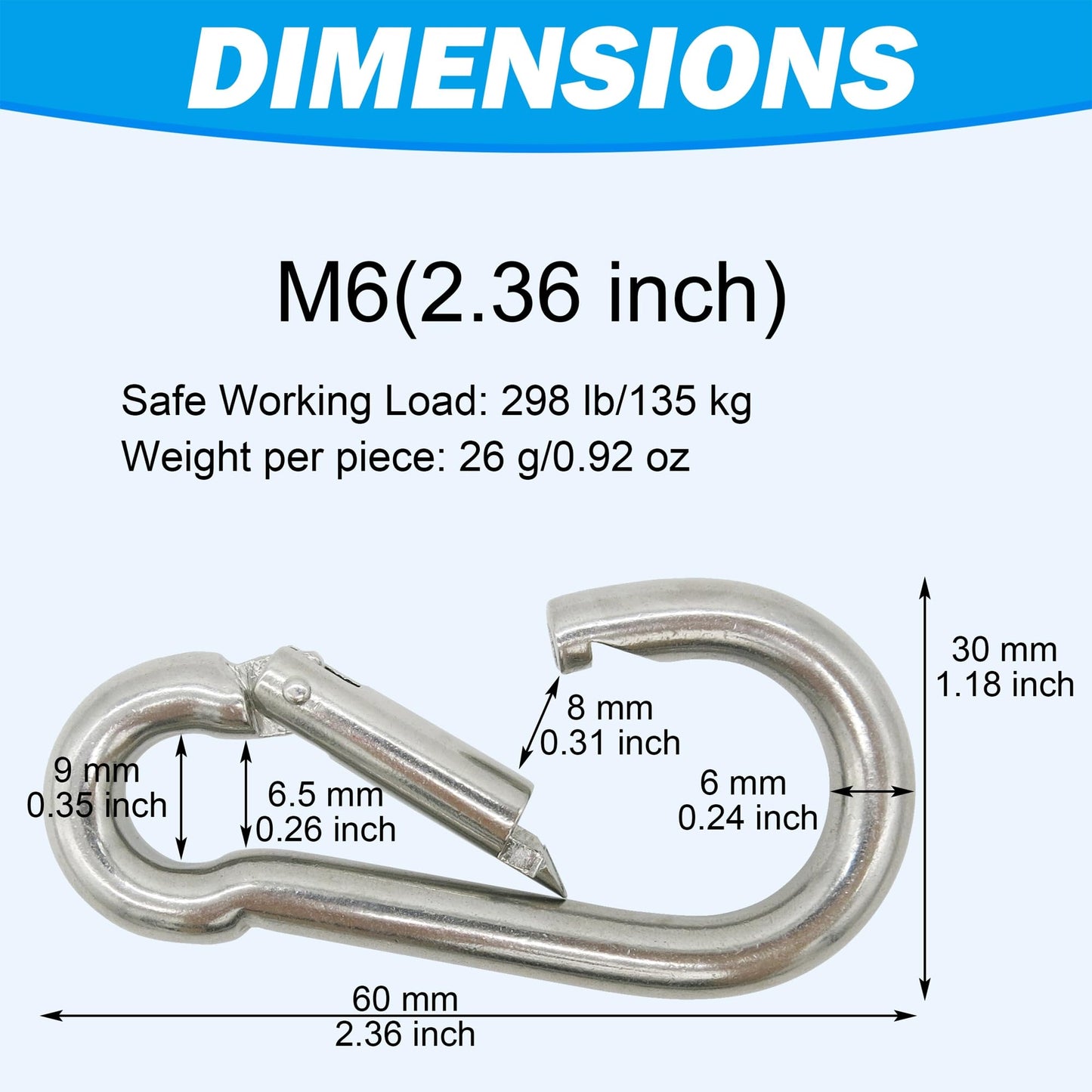 Outmate 304 Stainless Steel Carabiners -2.36 inch Heavy Duty, Durable & Rust-Free Clips for Gym, Swing, Dog Leashes, Hammocks, Keychains, and More(304,M6,Pack of 6)