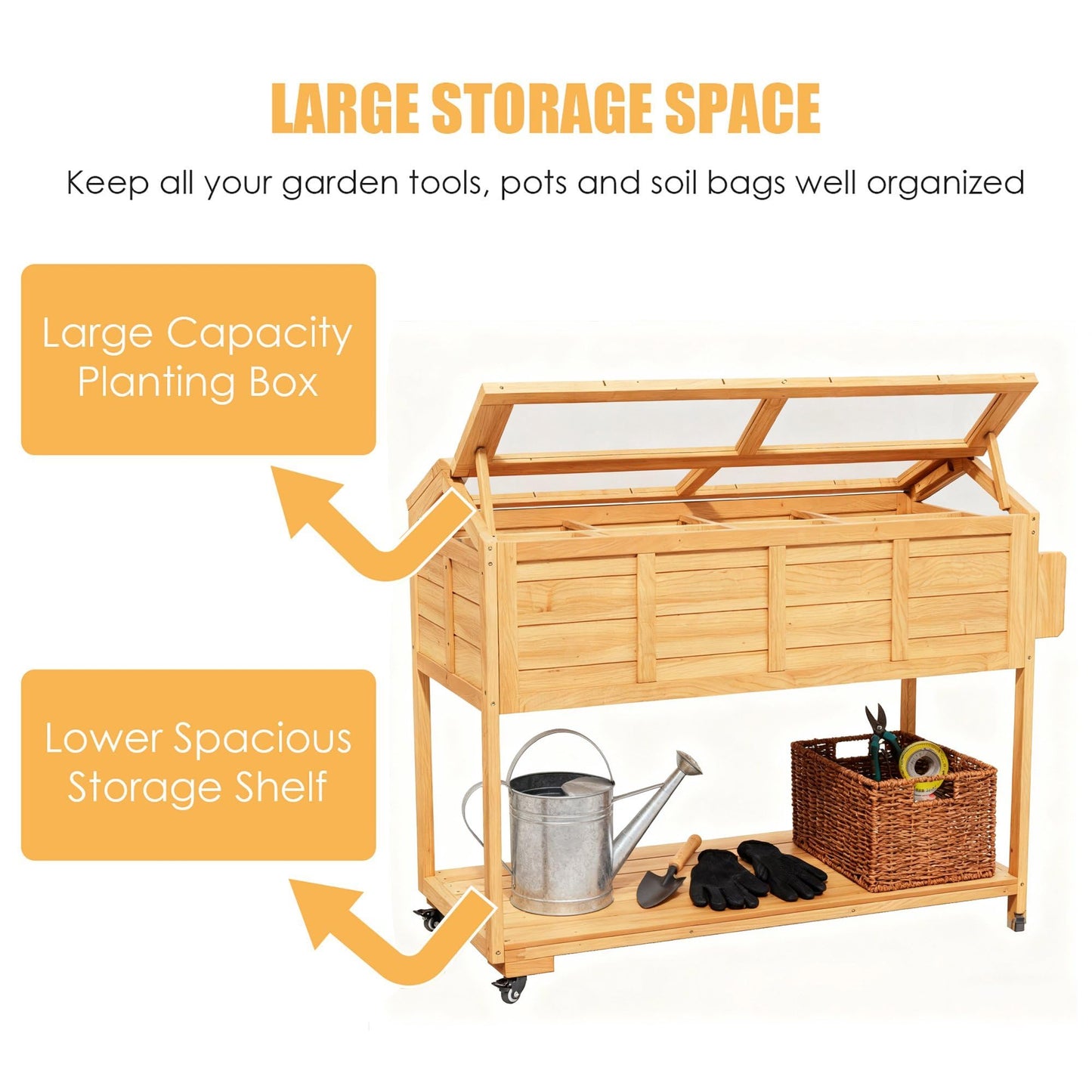 Raised Garden Beds on Wheels with Legs and Cover Elevated Herb Planter Box Cart Outdoor with Bed Liner,Storage Shelf,Seed Starter Tray for Backyard Patio Gardener Porch Outside (Country Rustic)