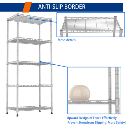 REGILLER 5-Wire Shelving Metal Storage Rack Adjustable Shelves,Standing Storage Shelf Units for Laundry Bathroom Kitchen Pantry Closet(Black,11.8" D x 16.6" W x 53.5" H)