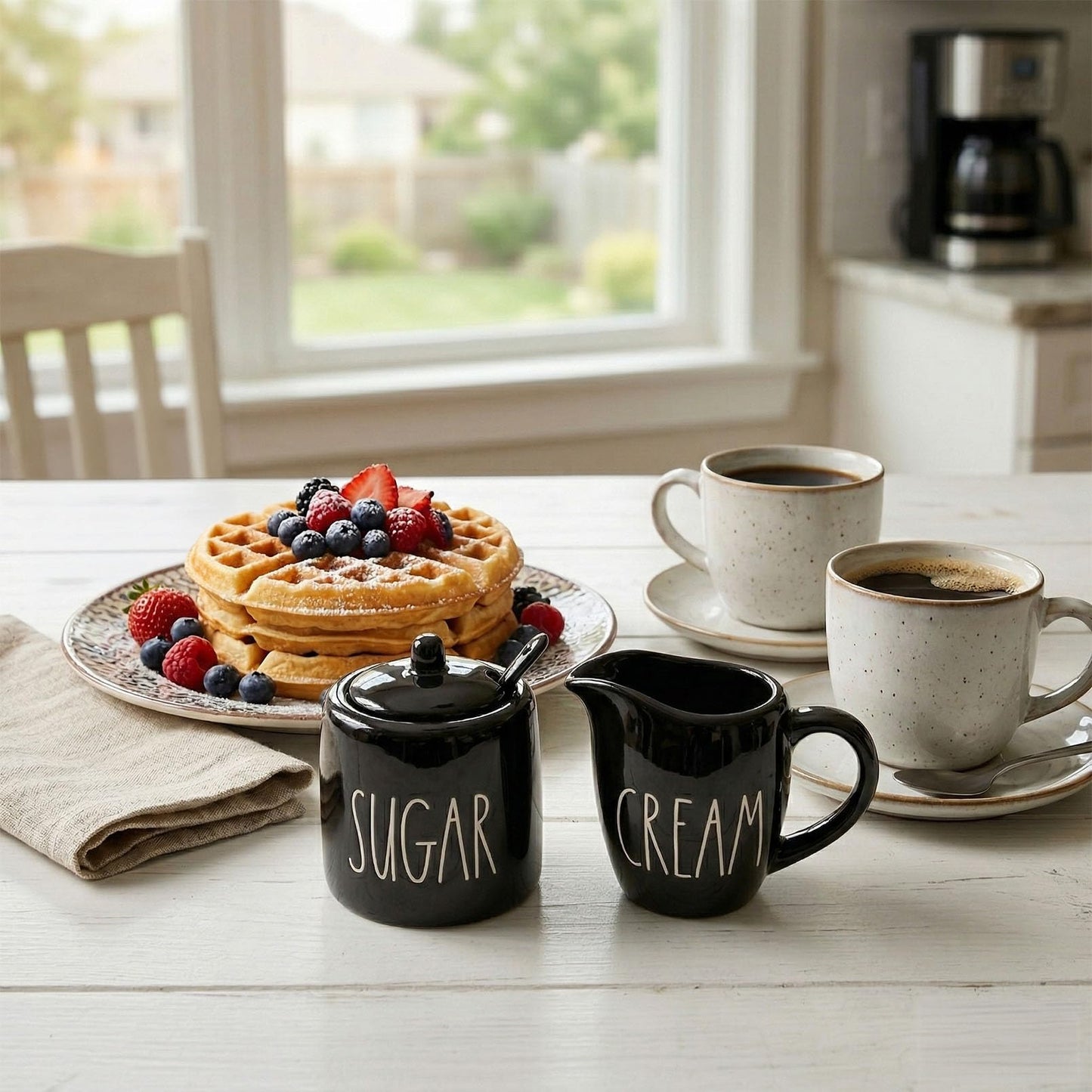 Sugar and Creamer Set, Cream Container and Sugar Holder Set for Coffee Bar, Farmhouse Sugar Bowl with Lid and Spoon, Ceramic Sugar Dispenser and Creamer Pitcher Set for Countertop (Black)