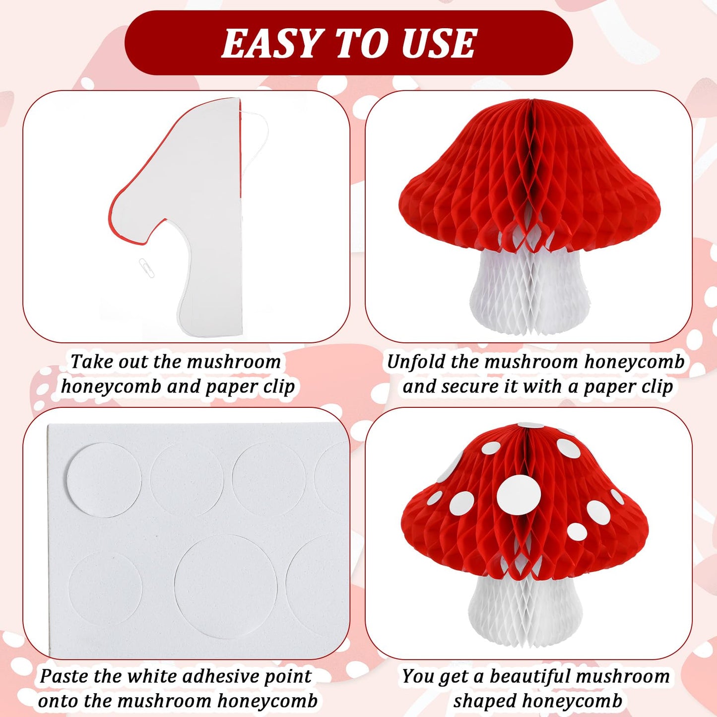 10 Pack Mushroom Shaped Honeycomb Paper Lanterns, 3D Honeycomb Paper Lanterns 2 Sizes Mushroom Party Decorations for Birthday Party Garden Room Decor (Red)