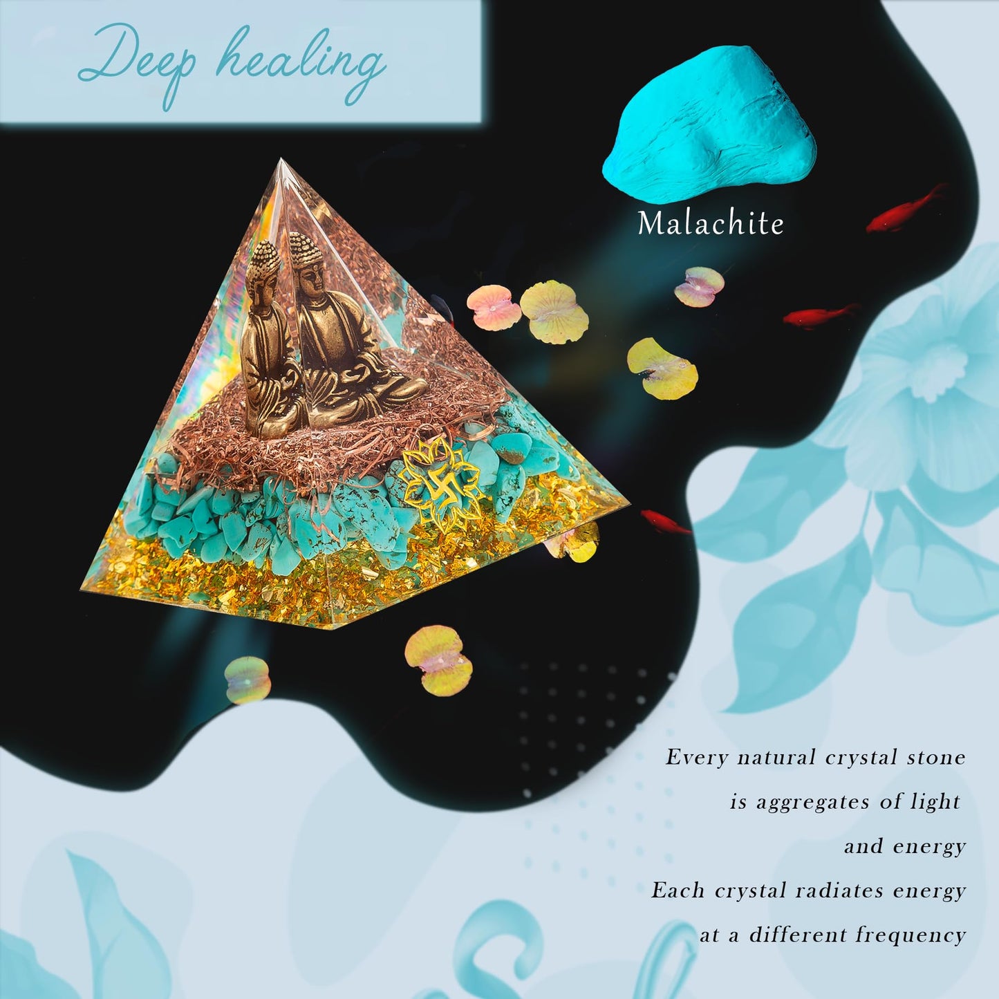 FENGSHUI-CAISHEN Little Buddha Statue in Healing Crystal Organite Pyramid - Aquamarine with Baby Buddha Figurine, Reiki Chakra Meditation Buddha Decor
