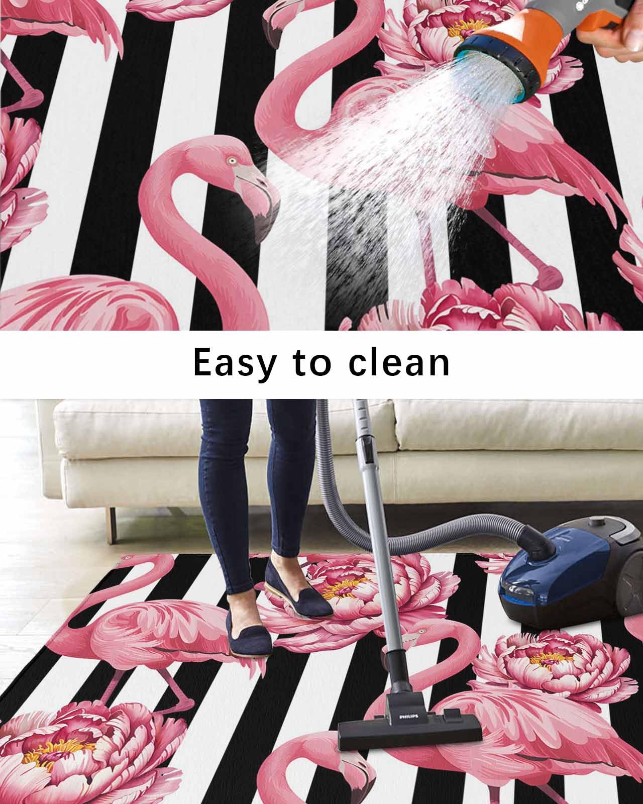 Outdoor Rug 4x6 ft Pink Floral Flamingos Outdoor Large Area Rug Non Slip Rubber Black Stripes Front Door Mat RV Rug Camping Carpet Patio Outdoor Rugs for Backyard Balcony Deck Porch Indoor Outside