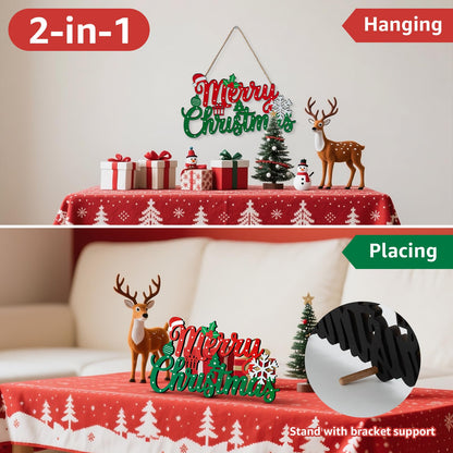 Merry Christmas Sign for Front Door Decor - 2 in 1Wooden 11.8 Inch × 6.7inch Christmas Wreath Wall Hanging or Tabletop Centerpiece for Door, Table, Fireplace