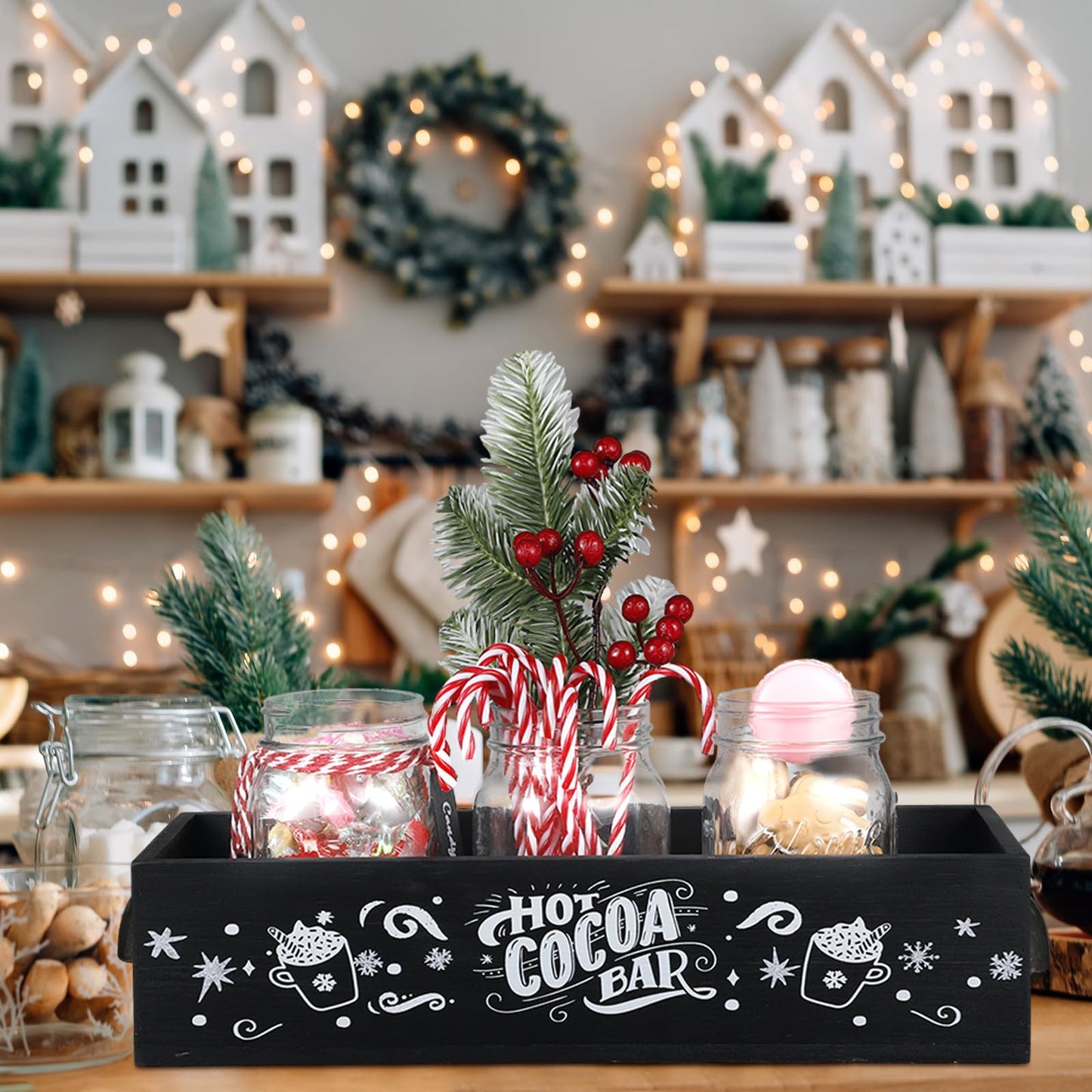Vesici Hot Cocoa Bar Wood Storage Box Decorative Christmas Cute Wooden Storage Bins Farmhouse Open Holder Box Coffee Station Organizer for Xmas Holiday Bar Home Office Countertop(Black)