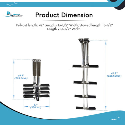 MARINE CITY 4-Step Telescoping Swim Platform Ladder – 304 Stainless Steel, Flip-Up Design, Anti-Slip Steps, 42" Pull-Out Length for Boats & Marine Use (Pack of 1)