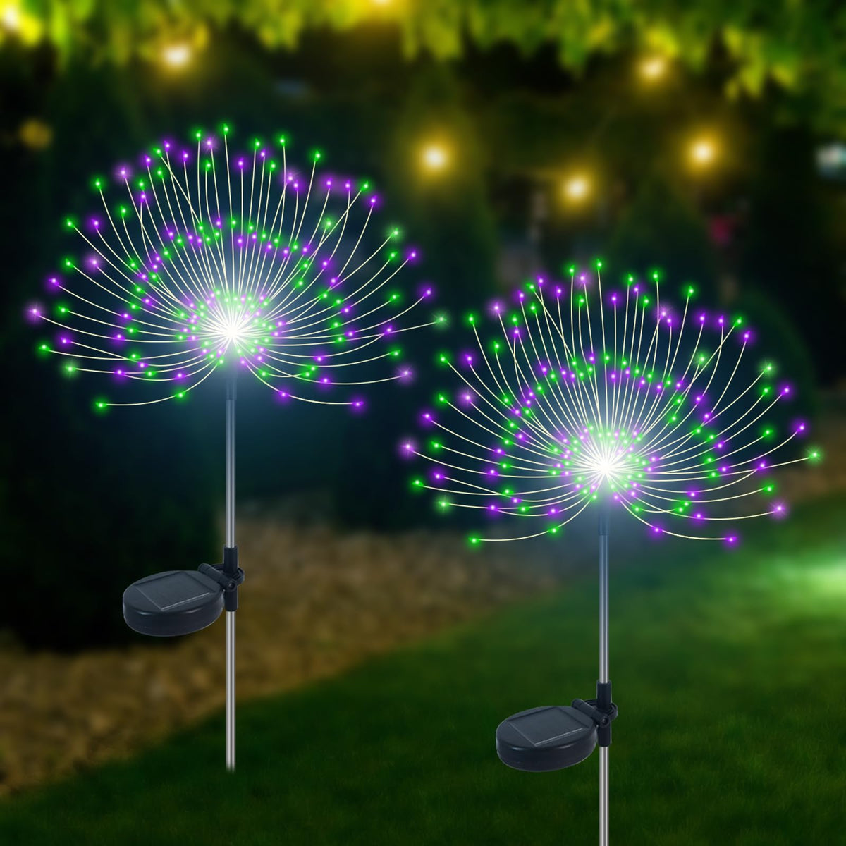 Slyuexu Solar Garden Lights Outdoor Waterproof, 2 Pack 120 LED Solar Firework Lights Decorative Garden Décor Outside for Flowerbed Pathway Party Halloween Christmas Decorations, Green + Purple