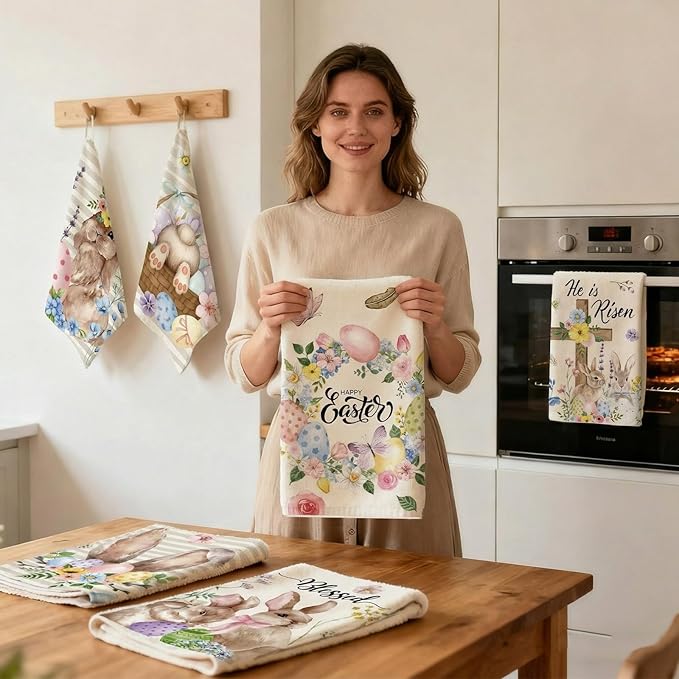 Breling Set of 6 Easter Decorations Happy Easter Kitchen Towels Rabbit Dish