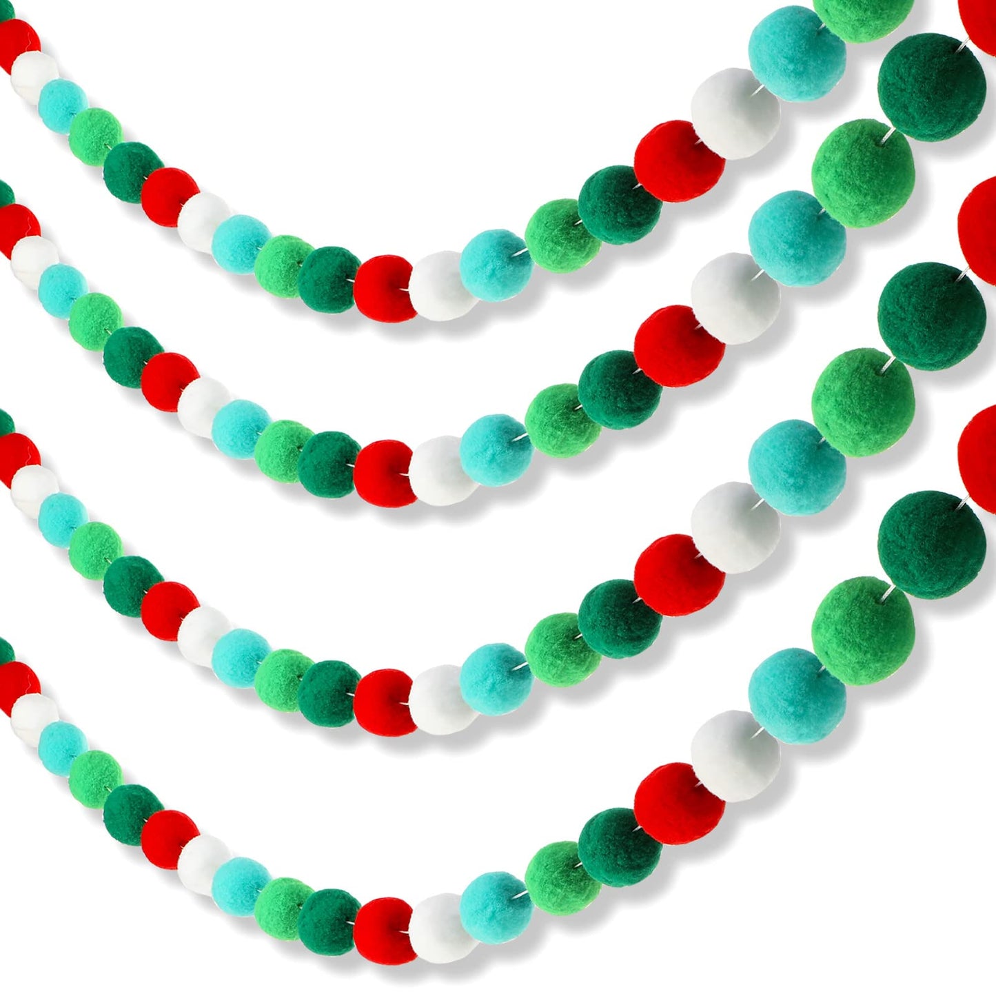 2 Pieces Christmas Felt Ball Garland Pom Pom Garlands Ball Banner for Christmas Party Festivals Decoration (Red, Dark Green, Light Green, White)