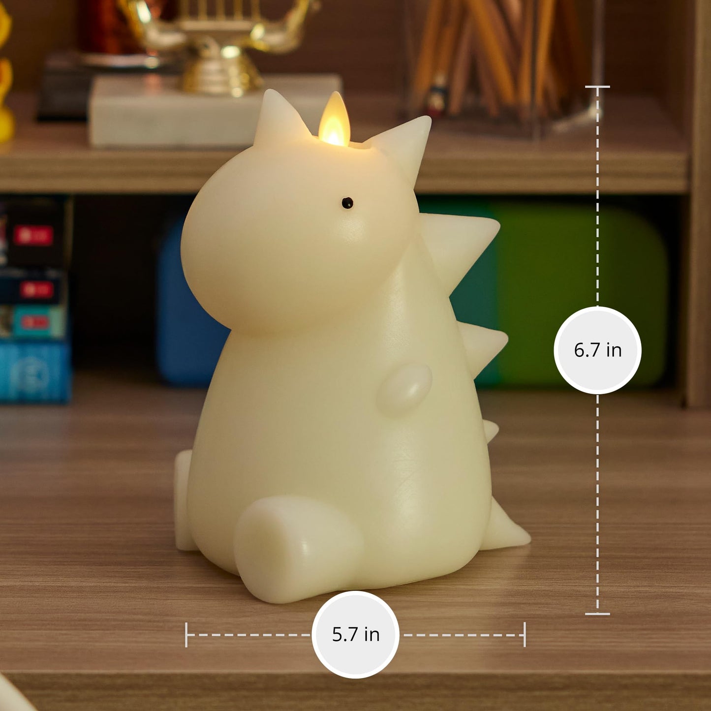 Luminara Flameless Dinosaur Figural Color Changing LED Candle, 5.7" x 6.7", Real Wax Moving Flame Battery Operated w/ 18 Button Remote, Unscented Safe