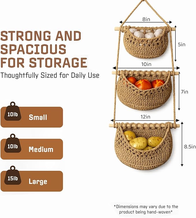 Cotton Hanging Fruit Basket, 3 Tier Woven Wall Basket, Hanging storage baskets