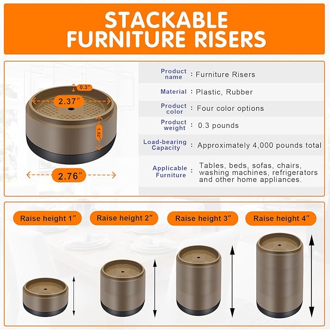 Furniture Risers Bed Risers Heavy Duty 1 inch, 2 inch, 3 inch, 4 inch Round