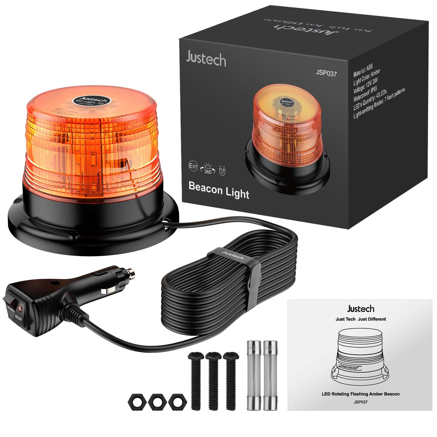 Justech 12/24V Flashing Beacon 40W 40 LED Emergency Warning Strobe Light Amber Strobe Lights 7 Flash Modes Waterproof with Magnetic Base for Truck Vehicle