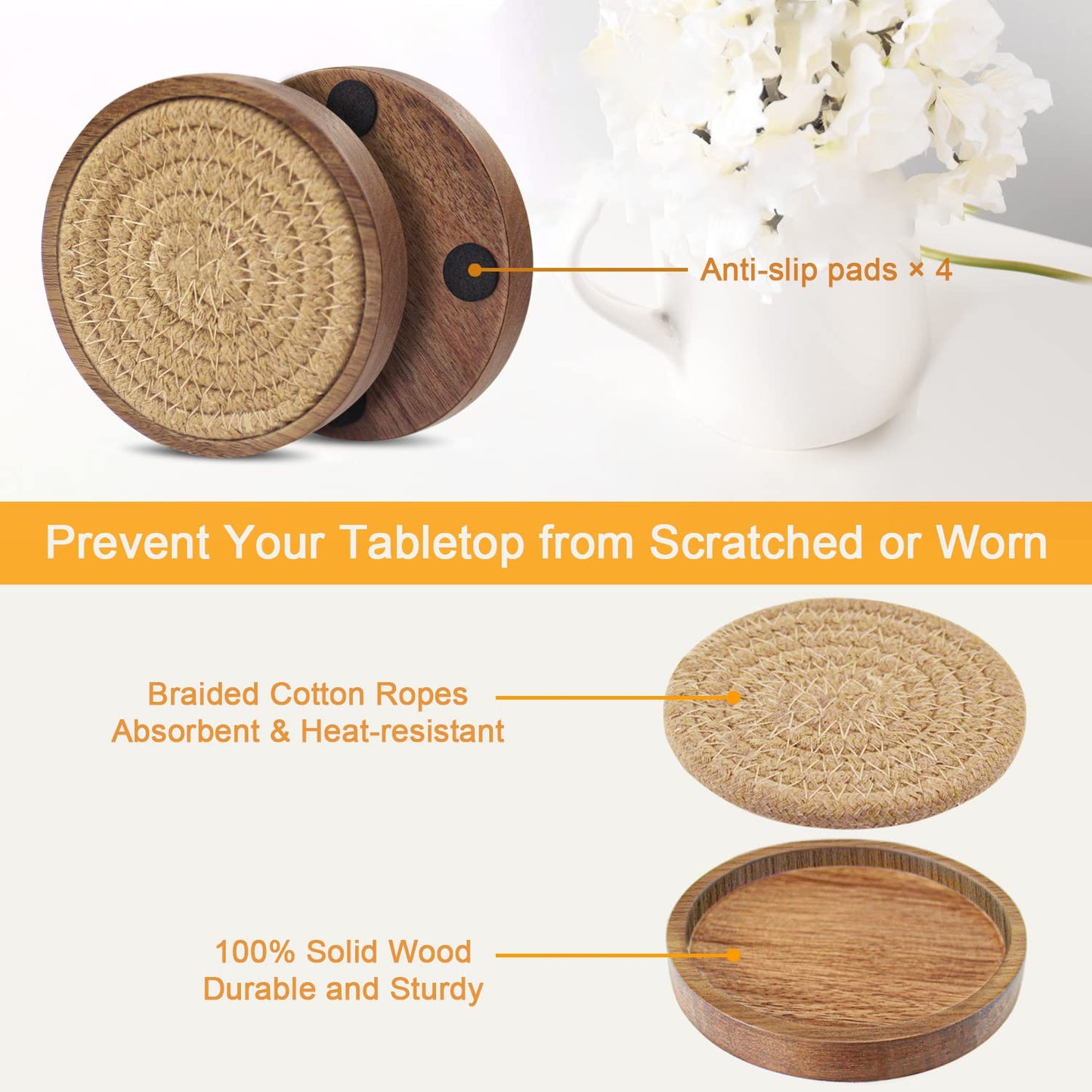 Wood Coasters for Drinks, Eykao Absorbent Coaster Sets of 5, Woven Drink Coasters for Coffee Table, Housewarming Gift for Farmhouse Home Decor,4 inches