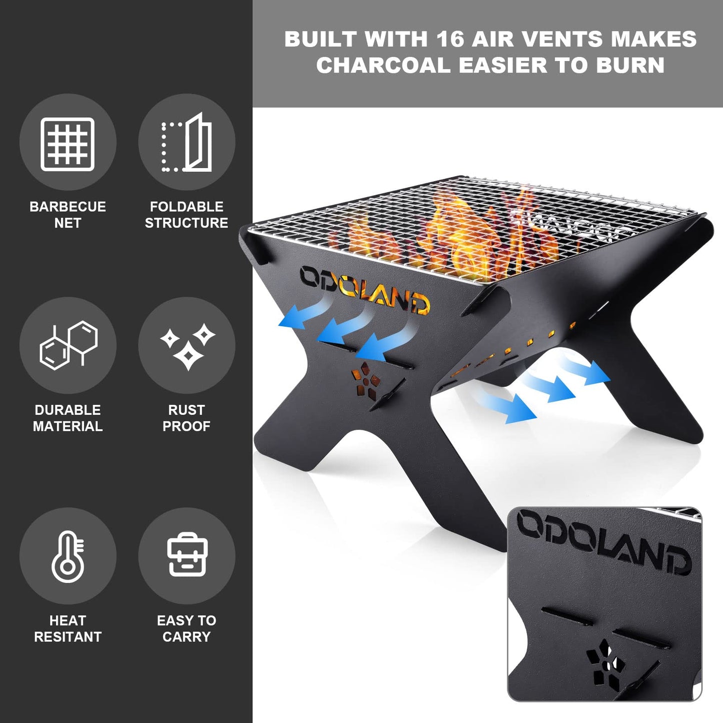 Odoland Camping Fire Pit, Portable Fire Pit for Camping, 2 in 1 Wood Burning Fire pit Grill with Detachable Cooking Grate for Outdoor BBQ, with Carry Bag