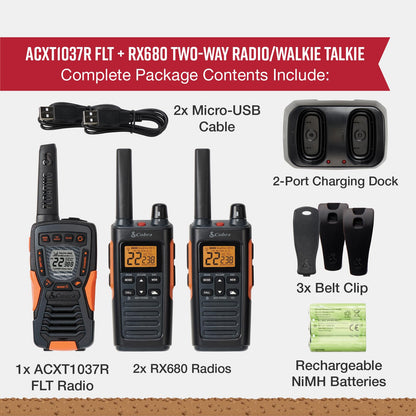 Cobra RX680 Walkie Talkies (2-Pack) - Rugged & Splashproof Two Way Radios Long Range, IP54 Water Resistant Design, 60 Pre-Programmed Channels, Weather Alerts, Included Charging Dock (Black/Orange)