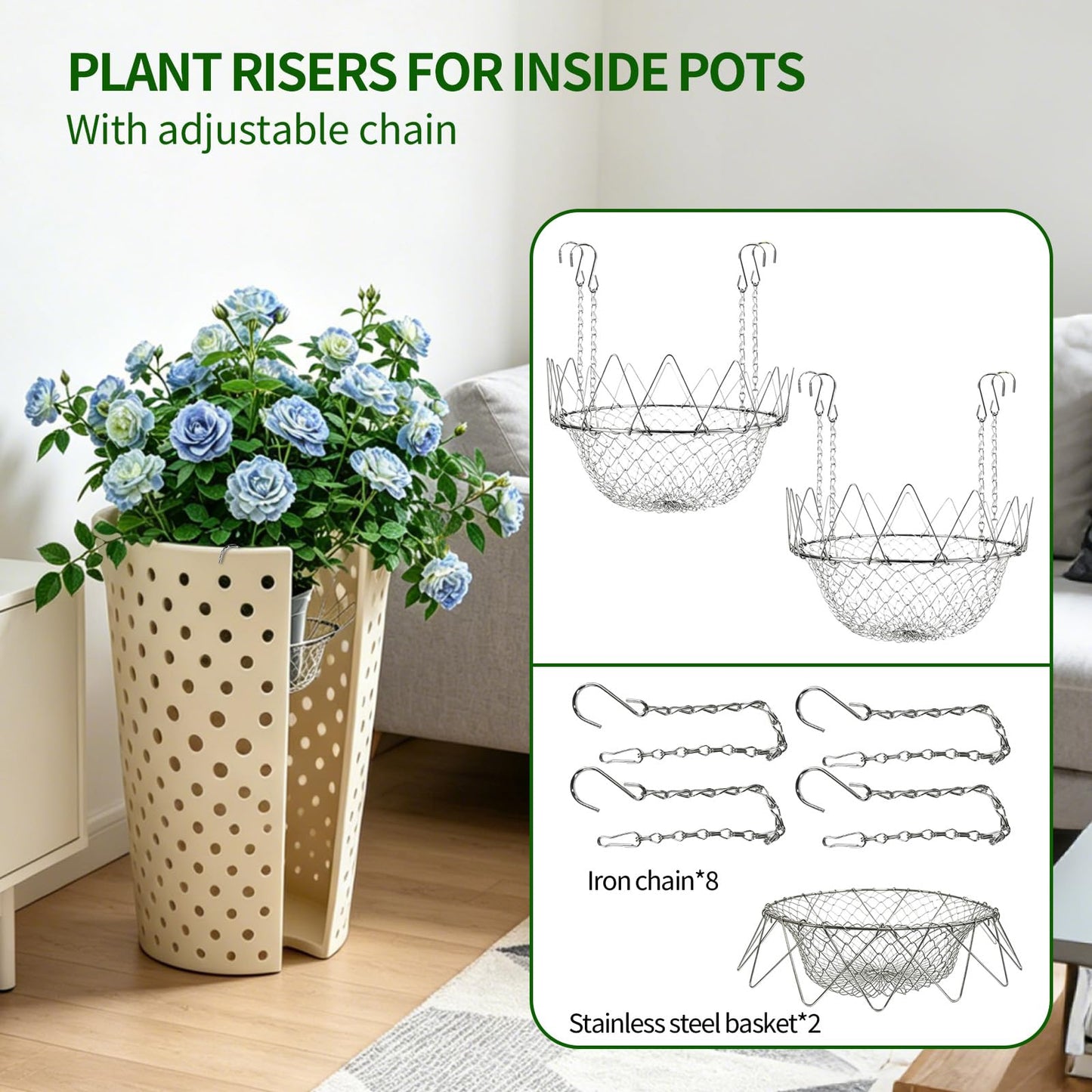 2Pcs Adjustable Planter Insert for Pots Any Height,12-18" Plant Risers for Inside Pots,Heavy Duty Rustproof Stainless Steel Plant Pot With Chains, Chain Pot Fillers for Tall Planters to Reduce Soil