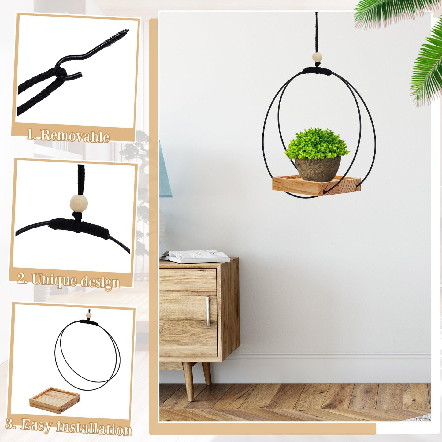 Geelin 4 Pack Plant Hanger with Wood Base Hanging Window Planter Boho Macrame Hanging Potted Plant Holders for Indoor Outdoor Window Wall Ceiling Home Decoration, Pot & Sapling Not Included (Khaki)