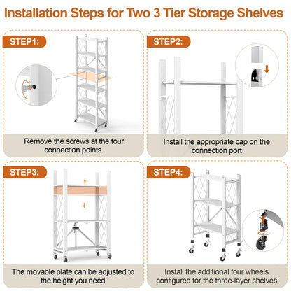 Yuanjimi 6-Tier Foldable Storage Shelves with Wheels, Folding Metal Shelf Unit, Folding Bookshelf no Assembly, Collapsible Shelves for Craft Shows for Kitchen, Bedroom, Living Room, White