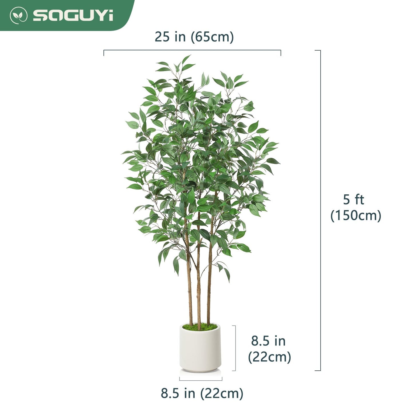 SOGUYI Ficus Artificial Tree 5ft Tall Fake Ficus Tree for Home Decor Indoor Faux Silk Ficus Plant Fake Floor Plant in White Imitation Ceramic Planter with Green Fake Moss, Set of 1