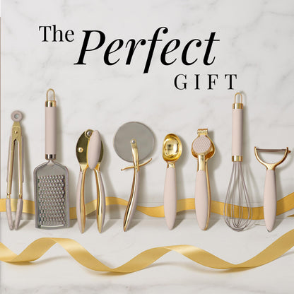 White & Gold Cooking Utensils Set - Luxe 8-Piece Kitchen Gadget Set Includes Can Opener, Tongs and Garlic Press - Stylish White and Gold Kitchen Accessories for Modern Kitchens, Ideal for Gifting