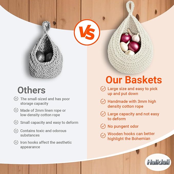 Hanging Fruit Baskets for Kitchen, 3 Pack Boho Cotton Rope Handwoven Vegetable