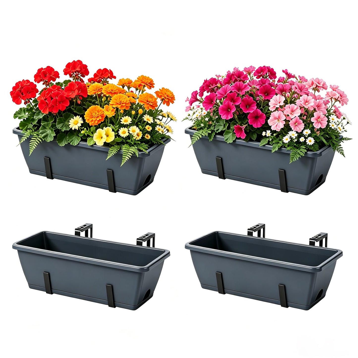 OYEAL Deck Railing Planter Box 4 Pack Window Boxes Planters with Adjustable Brackets, 17 Inch Hanging Flower Pots for Plants for Front Porch, Garden Fence, Apartment Patio Balcony Decor, Grey